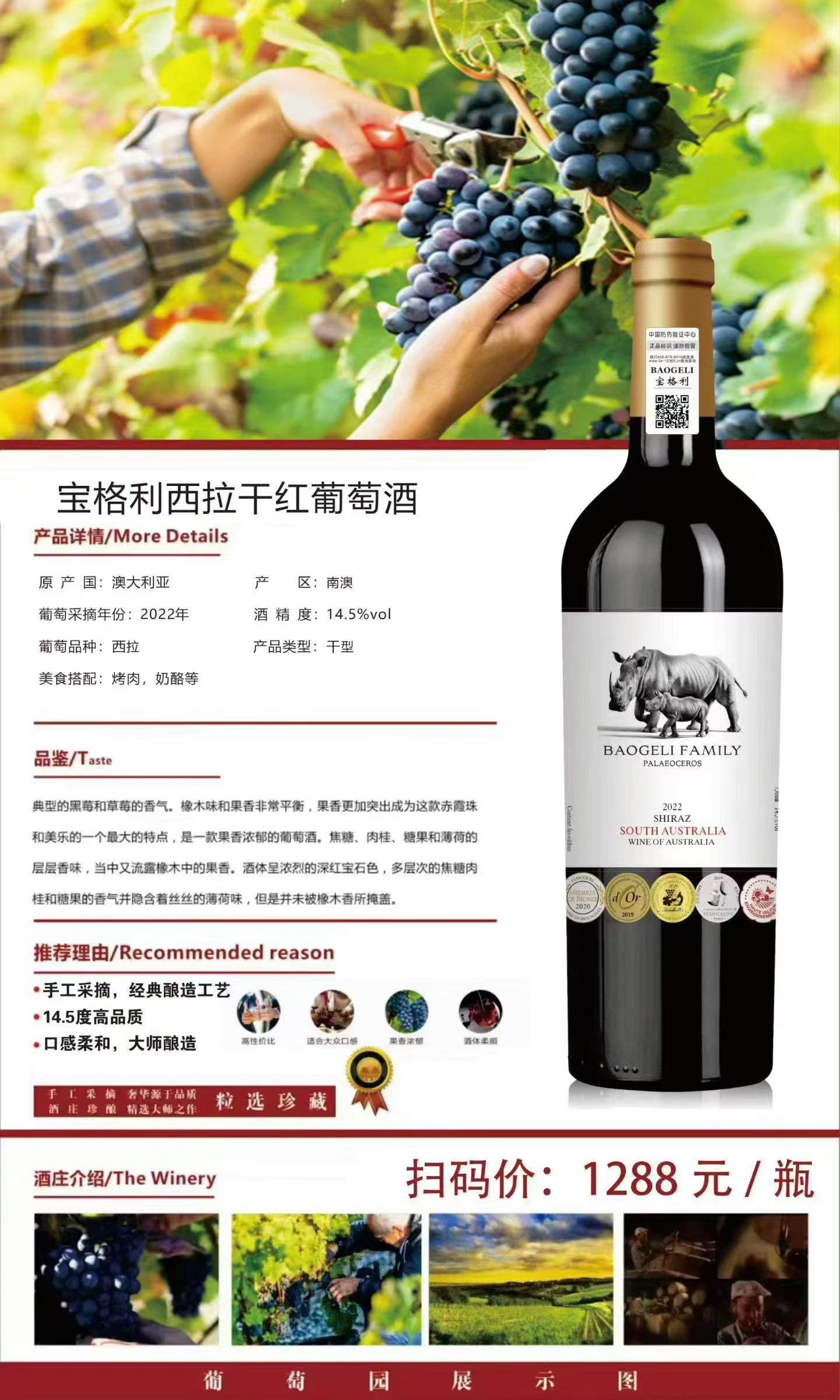 100多元一箱，超重瓶24年3月，澳大利亚宝格丽古犀家族干红酒，14.5度，有个几百箱